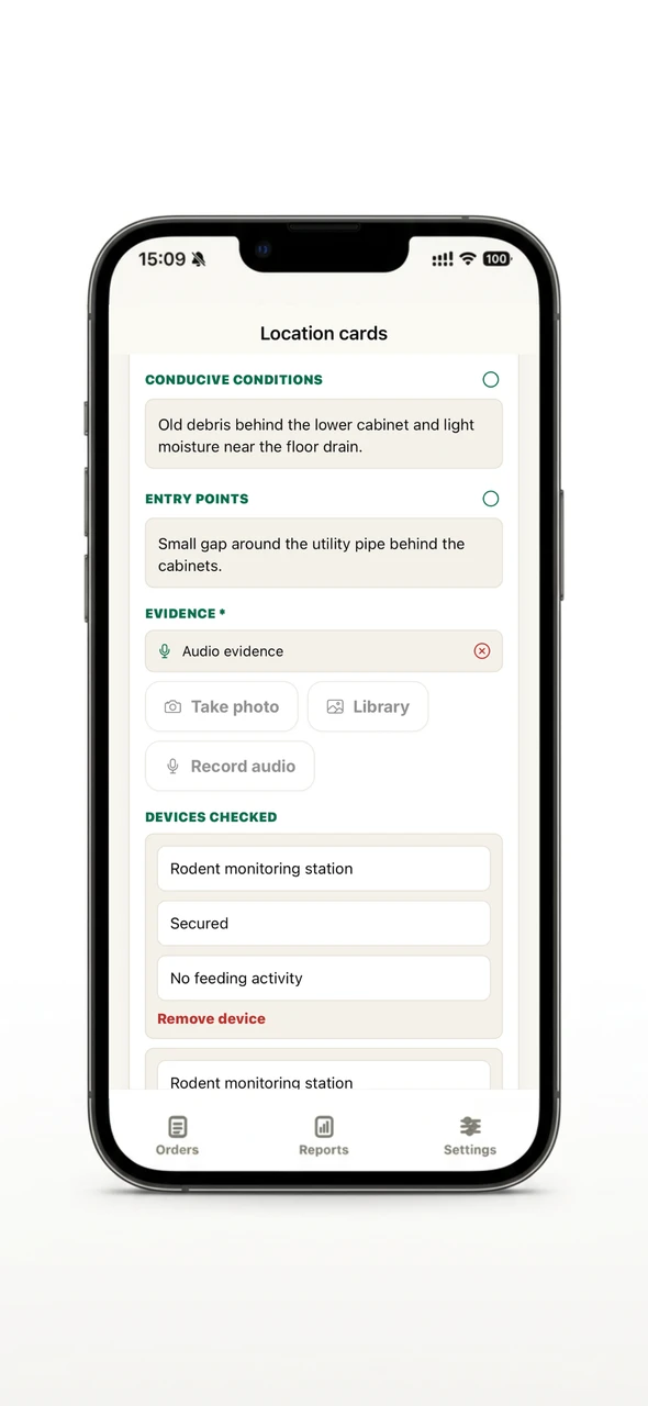 Location record with evidence and device fields to complete