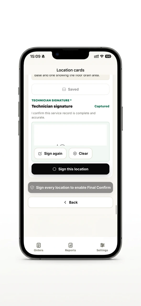 Technician confirming and signing a location record