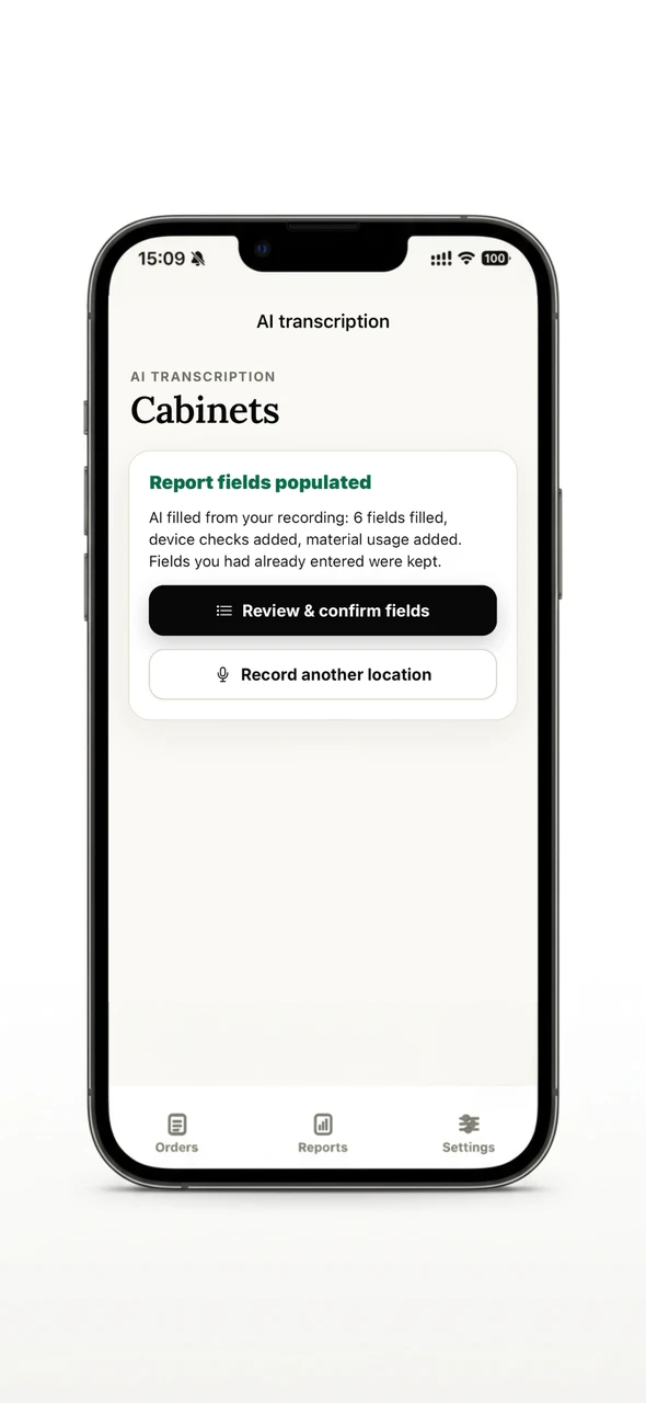 Technician app showing report fields populated from a field recording
